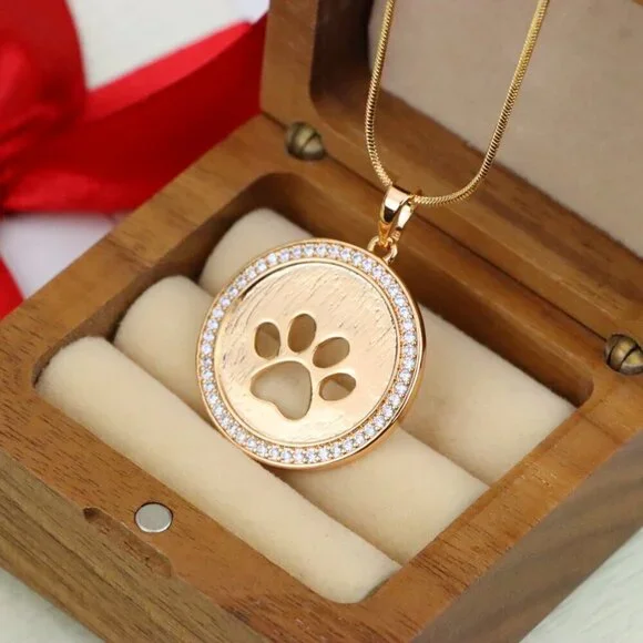 "Rose Gold Circle Pendant with Paw Print Cutout and Stone Border, XPPT1242 - Picture 10 of 11